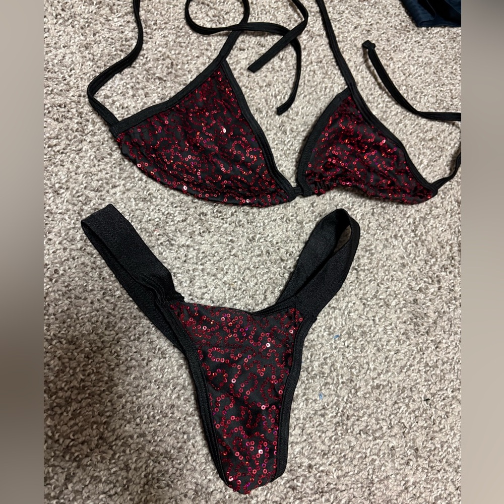 Sequin Embellished Black & Red  Thong Set